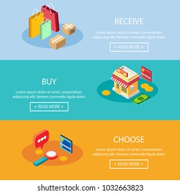 Flat isometric design Online store and banner for e-commerce. Vector illustration