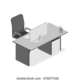 Flat Isometric Desk. 3D Illustration Of Workspace