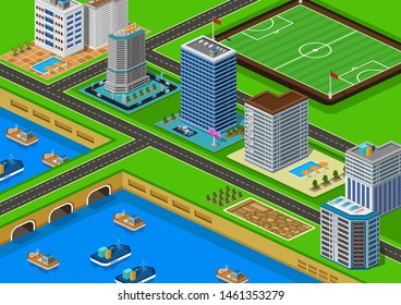 Flat isometric detailed city. Vector illustration