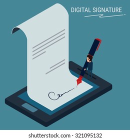 Flat Isometric. Digital Signature , Businessman Sign On Smartphone. Cartoon Vector Illustration.