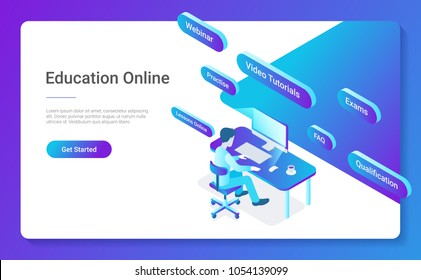 Flat Isometric Education Online vector design concept. Man sitting learning working with Computer. 