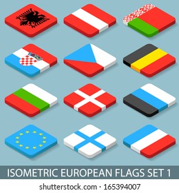 Flat Isometric European Flags Set 1
