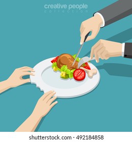 Flat isometric female hands holding ceramic bitten plate, male cutting chicken with knife and fork vector illustration. 3d isometry the full man does not understand the hungry woman concept.