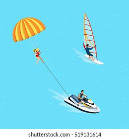 Flat isometric female windsurfer and parasailing sportsman vector illustration. 3d isometry Water extreme sports and activity concept.