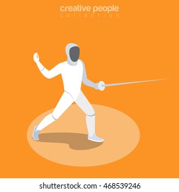 Flat isometric Fencer (Swordsman) vector illustration. Fencing sportsman 3d isometry image. Summer sports concept.