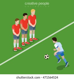 Flat Isometric Football (Soccer) Penalty Free Kick Vector Illustration. Footballer Defender 3d Isometry Image. Team Sports Concept.