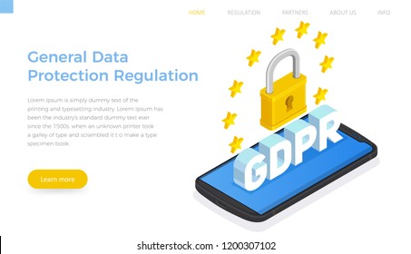 Flat Isometric GDPR – General Data Protection Regulation landing page template. Big lock on screen smartphone horizontal banner.