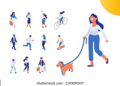 Flat isometric girl walking with dog. Isometric people vector set. Flat vector characters isolated on white background.