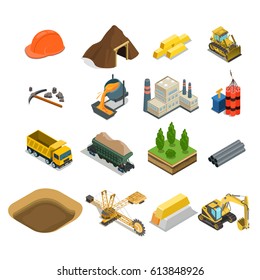 Iconos de extracción de minerales y carbón de oro isométrico plano conjunto de ilustraciones vectoriales. 3 d. Minería de isometría, concepto de industria de materias primas.