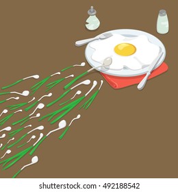 Flat isometric Green onions achieving Omelet on the plate vector illustration. 3d isometry Insemination and Reproduction, sperm strive for ovum concept. Funny breakfast.
