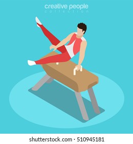 Flat isometric Gymnast on Pommel Horse vector illustration. Team or Individual sports 3d isometry concept.