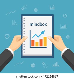 Flat isometric hands holding notebook with diagram vector illustration. 3d isometry successful business, new vision, Mindbox concept.