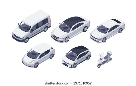 Flat isometric high quality vector modern design cars. Sedan, van, electric car and scooter. For infographics, commercial, web and game design