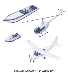 Flat isometric high quality vector modern design means of transport. Airplane, helicopter, water scooter, and motorboat. For infographics, commercial, web and game design.