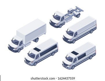 Flat isometric high quality vector modern design commercial cars. Passenger, cargo and chassis. For infographics, commercial, web and game design