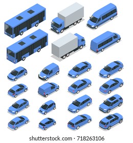 Flat isometric high-quality city transport car icon set. Van, cargo truck, off-road, bike, mini, sport car.Urban public and freight vehicles for infographics