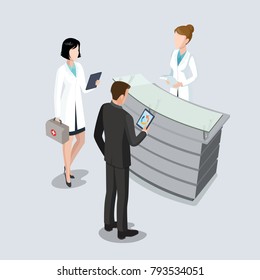 Flat isometric hospital reception vector healthcare illustration. Doctors and patient with tablet at clinic interior. 3d isometry medical staff concept.