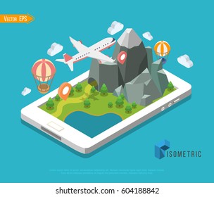 Flat isometric huge smartphone, nature landscape and camping vector illustration. GEO location infographics. 