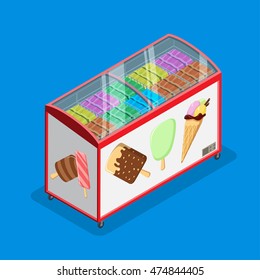 Flat isometric ice cream and gelato sale fridge vector illustration. 3d isometry food and drink, sweet desserts objects collection piece.