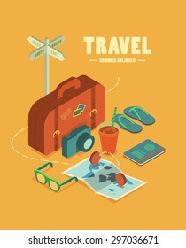 flat isometric icon set for travel essentials concept