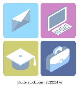 Flat Isometric Icons. Mail, Web, Education, Portfolio, Website.