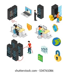 Flat isometric icons set of server hardware, data security, technical specialists, equipment vector illustration, system administrator, program analyst. 3d isometry Datacenter concept.