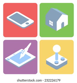 Flat Isometric Icons. Smartphone, Home, Digitizer tablet, Retro Joystick.