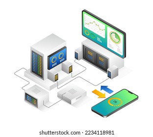 Flat isometric illustration analisa data smarpon server