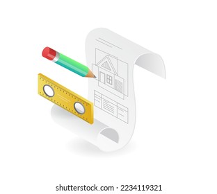 Flat isometric illustration architect drawing house on paper