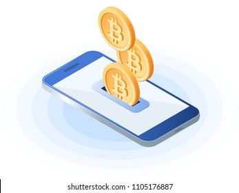 Ilustración isométrica plana de bitcoins cayendo en ranura en el teléfono móvil. El depósito de dinero en una cuenta, comercio electrónico, cadena de bloqueo, criptodivisa, ilustración del concepto de vector de negocio en línea