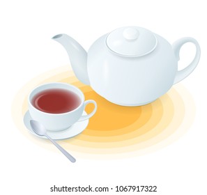 Flat isometric illustration of ceramic cup of tea and teapot. The hot black or herbal tea in the porcelain teacup, tea pot, spoon. Vector food, breakfast, drink elements isolated on white background.