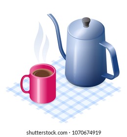 Flat isometric illustration of ceramic mug of coffee and metal coffeepot. The hot beverage in the coffee cup and coffee pot. A food, breakfast, drink vector elements isolated on white background.