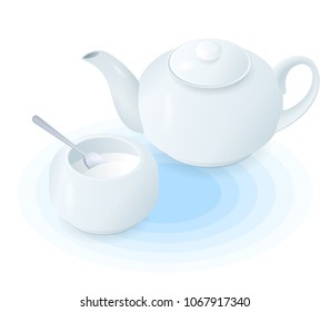 Flat isometric illustration of ceramic teapot and sugar bowl. The hot black or herbal tea in the porcelain tea pot, sugar basin with spoon. Vector food, breakfast, drink elements isolated on white.