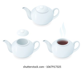Flat isometric illustration of ceramic teapots with lids and a tea. The porcelain tea pots with caps and hot beverage. Vector breakfast, traditional drink elements isolated on white background.