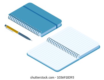 Flat isometric illustration of closed and opened notebook. Office and school vector concept: paper notepad with a pen and ring binder. Business and education workplace paperwork isolated elements.