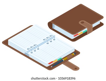 Flat isometric illustration of closed and opened planners. Business personal accessory isolated on white background. Office supply vector concept: paper organizer with leather cover and ring binder.