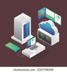 Flat isometric illustration cloud server analysis computer