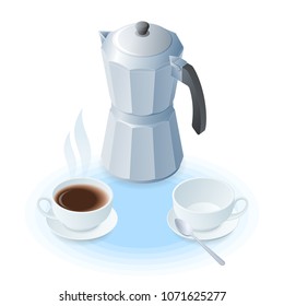 Flat isometric illustration of coffee maker, ceramic cup with coffee and empty. The coffee pot, cups with hot beverage and with spoon. A breakfast, drink vector elements isolated on white background.