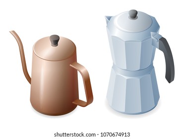 Flat isometric illustration of coffee pot and coffee maker. The two different metal coffeepot and coffeemaker. Vector kitchenware, appliances, traditional drink elements isolated on white background.