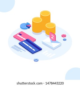 Flat isometric illustration of coins, credit cards and diagram. The depositing money into an account, e-commerce, business growth, earnings, profit, success. Business symbols, analysis, transaction
