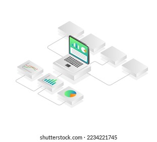 Flat isometric illustration of computer analysis branch network screen concept