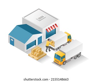Concepto de ilustración isométrica plana. organizar artículos de stock en camiones y luego entregar