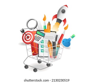 Flat isometric illustration concept. back to school creative tools on the trolley