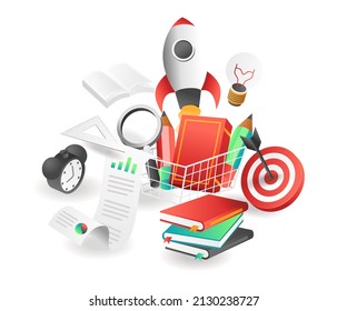 Flat isometric illustration concept. back to school equipment