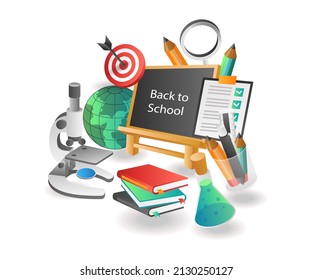 Flat isometric illustration concept. back to school educational creative tools