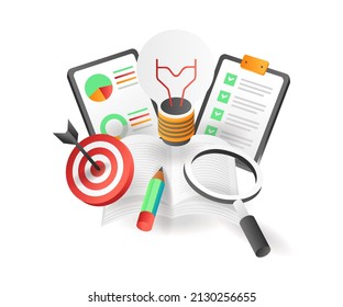 Flat isometric illustration concept. book analysis ideas with business targets