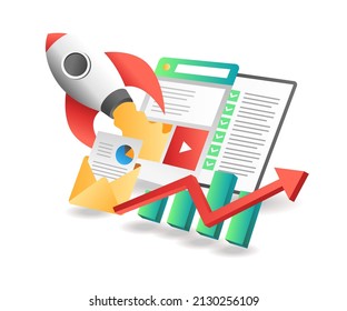 Flat isometric illustration concept. business application product launch analysis