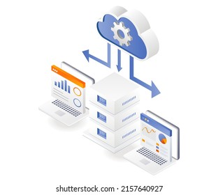 Flat isometric illustration concept. cloud server maintenance process