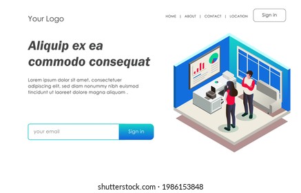 Flat isometric illustration concept. a couple is looking at the analysis board