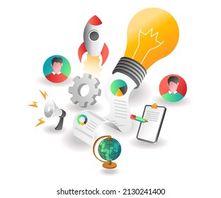 Flat isometric illustration concept. creative business lamp ideas